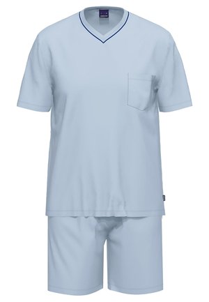 Completo da pigiama blu chiaro in due pezzi realizzato in tessuto morbido. Top a maniche corte con scollatura a V e taschino sul petto sinistro; pantaloni corti coordinati.