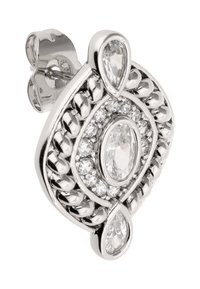 Srebro-na uho s ukrasnim dizajnom koji sadrži ovalni središnji cirkon, okružen manjim kružnim kamenčićima i suzama.