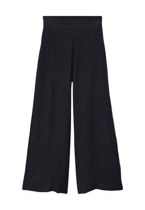 Pantalones negros de pierna ancha con cintura alta y tela texturizada, mostrados extendidos sobre un fondo blanco.