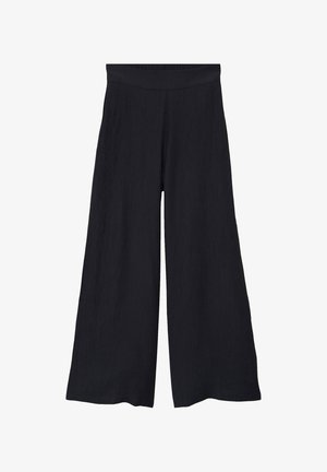 Pantalones negros de pierna ancha con cintura alta y tela texturizada, mostrados extendidos sobre un fondo blanco.