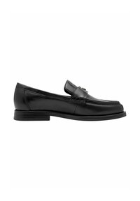 Black leather loafers with a rounded toe, slightly raised heel, and decorative strap detail across the vamp. Smooth texture, polished finish.