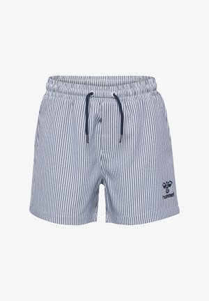 Randiga baddräktsshorts i marinblått och vitt, med resårmidja och snörning samt en liten logotyp på nedre vänstra benet.