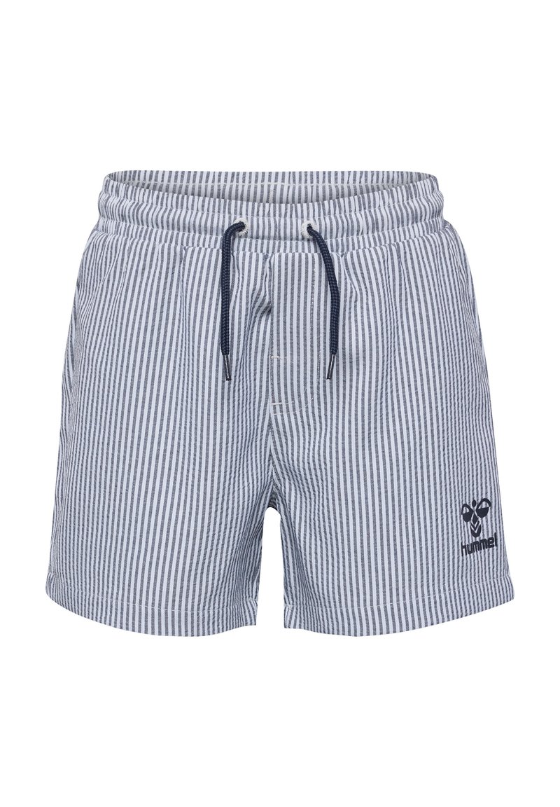 Randiga baddräktsshorts i marinblått och vitt, med resårmidja och snörning samt en liten logotyp på nedre vänstra benet.