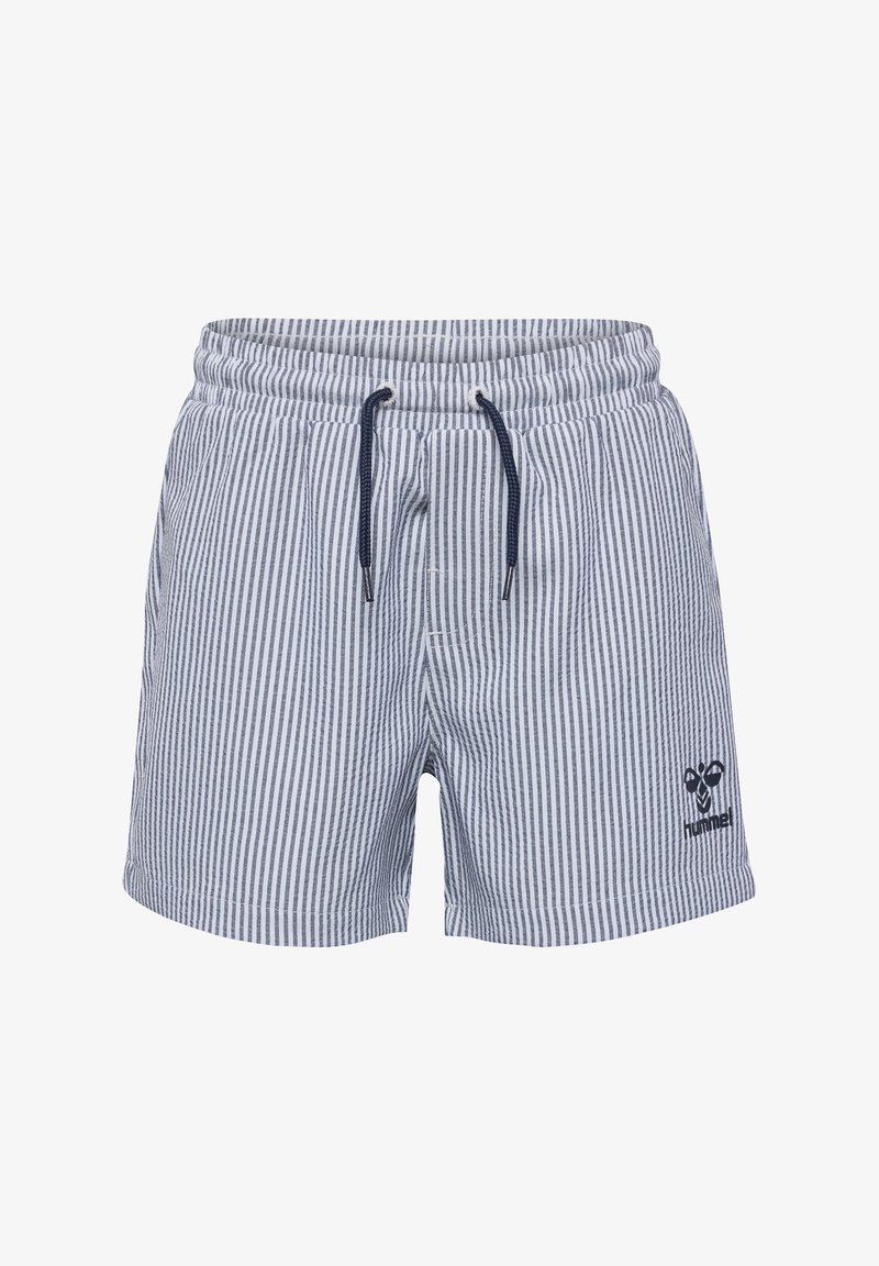 Randiga baddräktsshorts i marinblått och vitt, med resårmidja och snörning samt en liten logotyp på nedre vänstra benet.