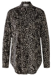 Schwarze und cremefarbene Bluse mit langen Ärmeln und Leopardenmuster, ausgestattet mit einem Kragen und einer knopfbaren Vorderseite, aus weichem Stoff gefertigt.
