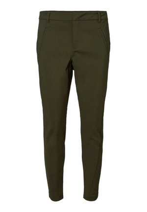 Slim-fit donkergroene olijfkleurige broek met riemlussen en zijzakken, ontworpen voor een getailleerde, moderne uitstraling.