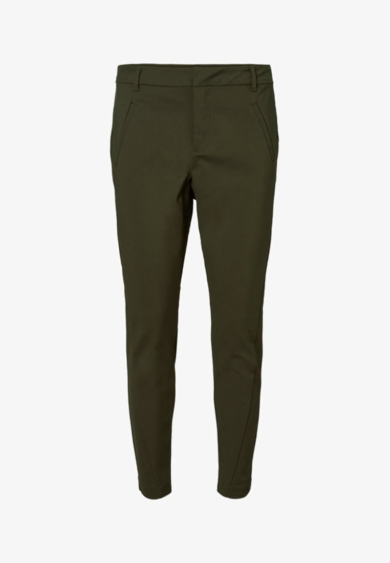 Pantalon slim fit vert olive foncé avec passants de ceinture et poches latérales, conçu pour un look moderne et ajusté.