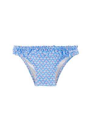 Braguitas de bikini azules con estampado floral blanco y rojo y detalle fruncido en la cintura.