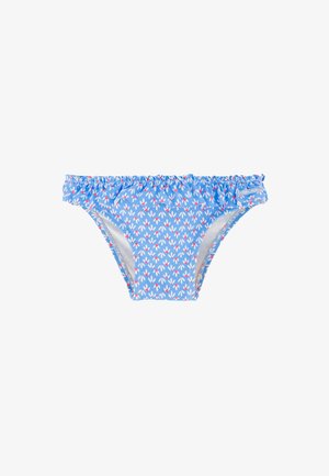 Braguitas de bikini azules con estampado floral blanco y rojo y detalle fruncido en la cintura.