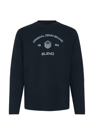 Granatowa bluza z długim rękawem z napisem „Original Denim Brand 1993” oraz „Blend” otaczającym logo w kształcie sześcianu na piersi.