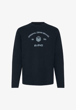 Granatowa bluza z długim rękawem z napisem „Original Denim Brand 1993” oraz „Blend” otaczającym logo w kształcie sześcianu na piersi.