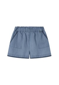 Denim lühikesed püksid vabalt istuva lõikega, elastse vöökoha, kahe esirihmaga taskuga ning kontrastse sinise õmblusega alläärtes ja taskute servades.