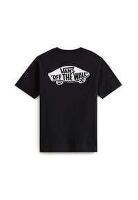 Zwarte katoenen t-shirt met een groot wit grafisch ontwerp op de achterkant met "VANS 'OFF THE WALL'" en een skateboardontwerp. Korte mouwen.