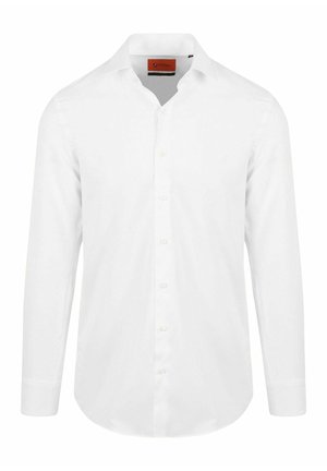 Weißes langärmeliges Hemd mit Knopfleiste, klassischem Kragen und sichtbarem Markenlabel im Halsausschnitt.