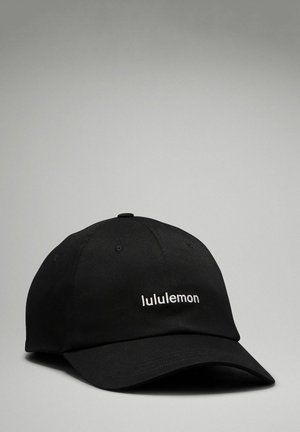 Black baseball cap with curved brim featuring white "lululemon" text logo centered on front panel.
