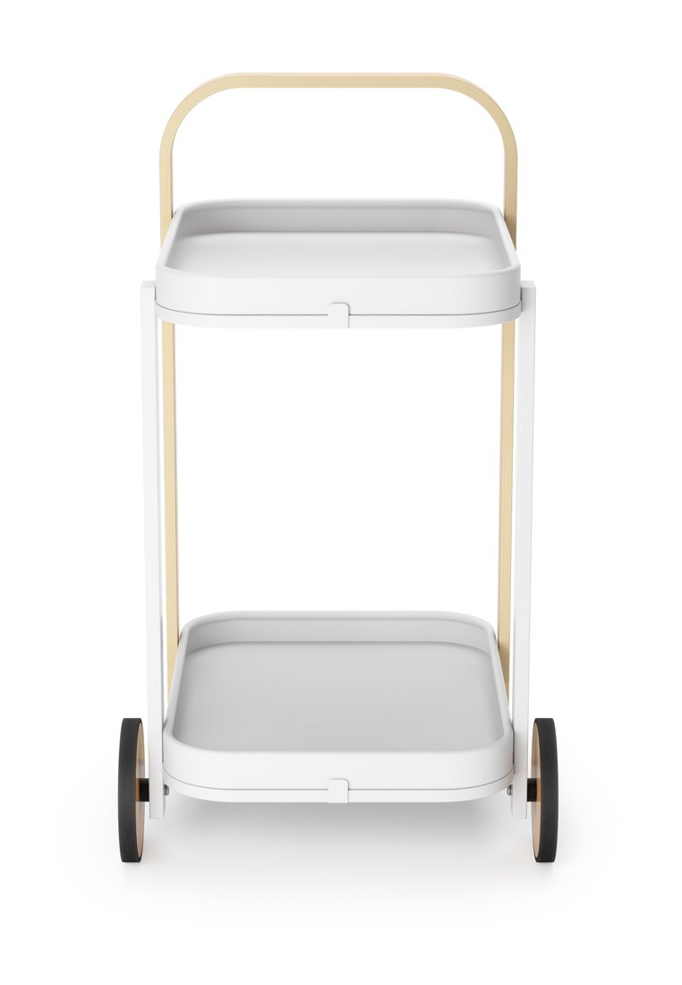 Zwei-tier Wagen mit einem weißen Kunststoffrahmen und -schalen, Holzgriff und schwarzen Rädern. Verfügt über ein minimalistisches Design und eine glatte Textur.