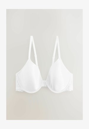 Sutien alb cu cupe modelate, bretele ajustabile și detalii din dantelă pe lateral. Textură netedă cu o formă triangulară clasică.