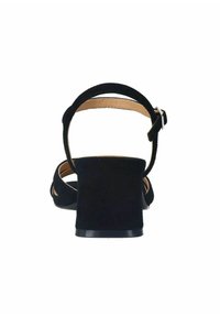 Zwarte suède haksandalen met een open achterkant, verstelbare enkelband en een lage blokhak. Gladde binnenvoering, minimalistisch ontwerp.