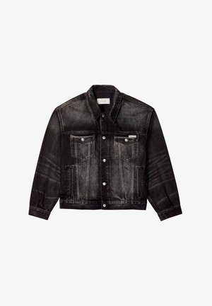 Schwarze Jeansjacke mit verblasstem Finish, Knopfverschluss, zwei Brusttaschen und strukturiertem Kragen. Mit silberfarbenen Akzenten versehen.