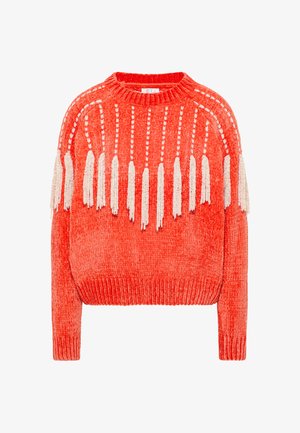 Roter gestrickter Pullover mit rundem Halsausschnitt, verziert mit weißen Fransenakzenten an den Schultern und einem gerippten Saum sowie Bündchen.
