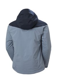 Herretofarvet vandtæt jakke i lysegrå med marineblå skuldre og hætte, vist bagfra på en hvid baggrund.