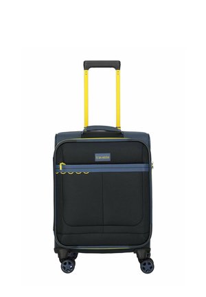 Valigia compatta nera in soft-shell con manico telescopico giallo, dettagli con cerniera blu, tasca frontale e quattro ruote girevoli.