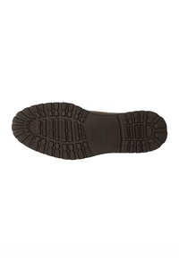 Zool van een donkerbruin schoen met diepe loopvlakken en rechthoekige, vierkante en gestructureerde patronen voor grip.