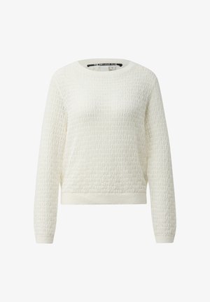 Biały sweter z długim rękawem o teksturowanym wzorze dzianiny, z okrągłym dekoltem oraz ściągaczami na mankietach i dole.