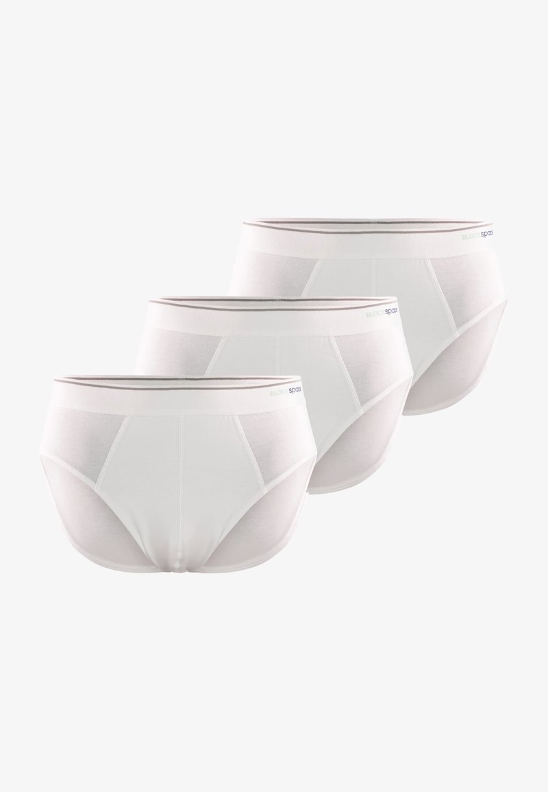 Tre par hvide bomuldsunderbukser med en glat tekstur, med en grå elastisk talje og et enkelt design.