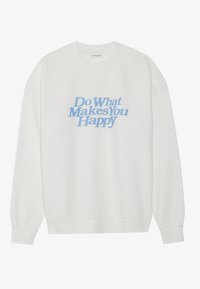 Sweat-shirt blanc à manches longues, avec un texte bleu clair "Fais ce qui te rend heureux" en lettres grasses. Tissu doux et poignets côtelés.