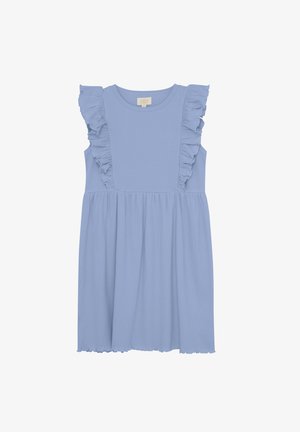 Lysblå ærmeløs kjole med flæser på skuldrene, ribbet tekstur og en flagrende nederdel med bølget kant.