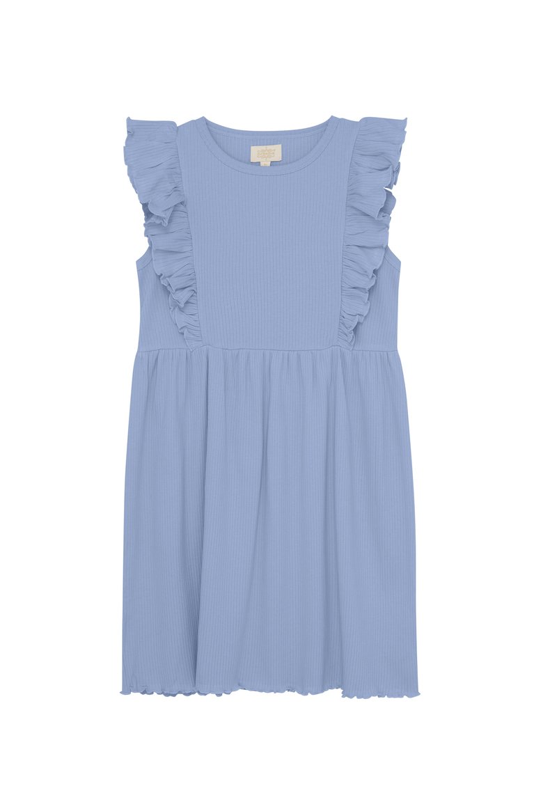 Helles blaues, ärmelloses Kleid mit Rüschendetails an den Schultern, gerippter Textur und einem ausgestellten Rock mit gewelltem Saum.