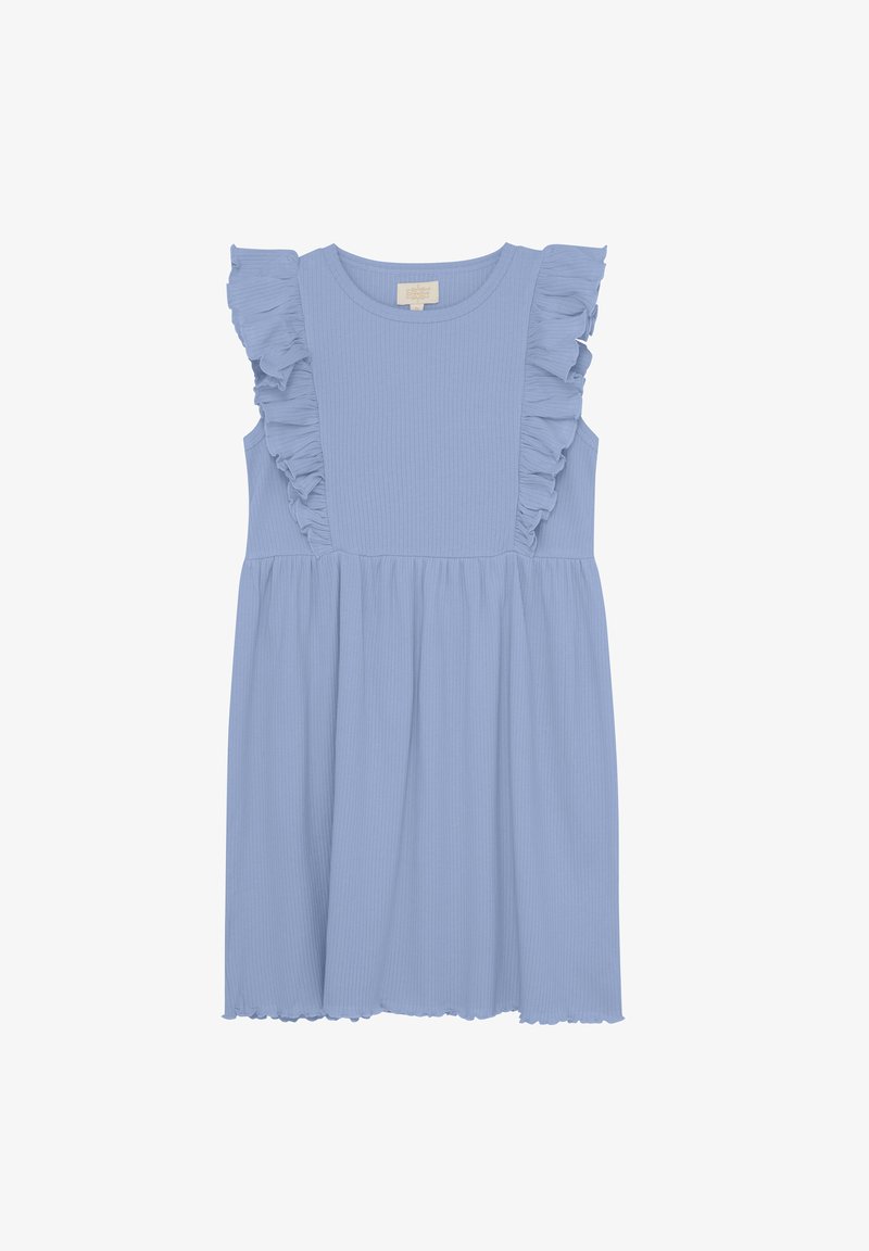 Helles blaues, ärmelloses Kleid mit Rüschendetails an den Schultern, gerippter Textur und einem ausgestellten Rock mit gewelltem Saum.