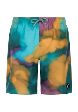 Herren-Badeshorts mit elastischem Bund und Kordelzug, mit einem mehrfarbigen Batikmuster in Türkis, Orange, Lila und Grün.