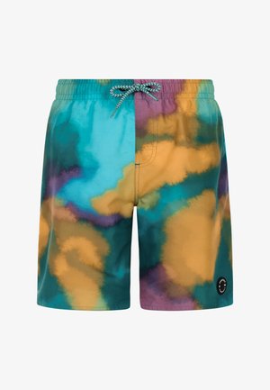 Heren zwemshorts met een elastische tailleband en trekkoord, met een meerkleurig tie-dye patroon in blauwgroen, oranje, paars en groen.