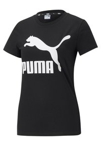 Czarna bawełniana koszulka z dużym białym logo Puma oraz sylwetką kota na przodzie. Klasyczny okrągły dekolt i krótkie rękawy.