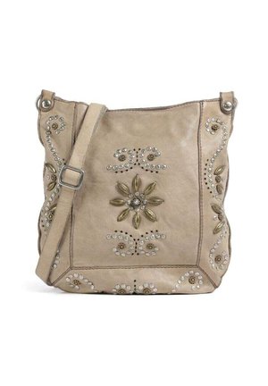 Beige leather shoulder bag with adjustable strap, decorated with gold leaves and rhinestone floral patterns on front and sides.