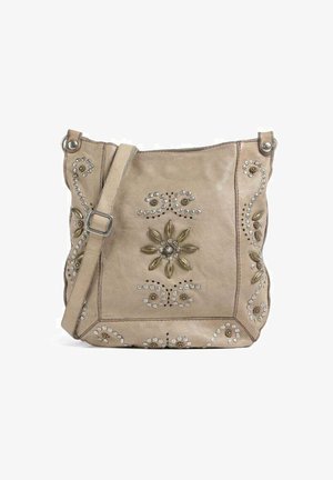 Sac à bandoulière en cuir beige avec sangle réglable, décoré de feuilles dorées et de motifs floraux en strass sur le devant et les côtés.