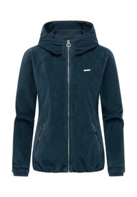 Mørkeblå lynlåstrøje med hætte, lavet i tekstureret stof, med to sidelommer med lynlåse samt elastiske manchetter og kant.