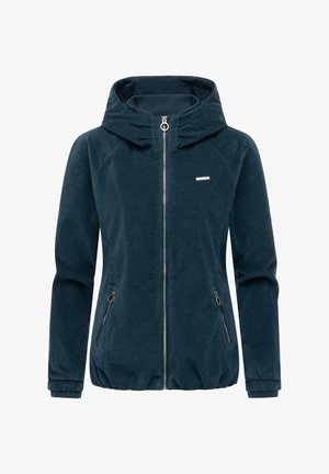 Navy blue zip-up jacket with a hood, featuring textured fabric, two side pockets with zippers, and elasticized cuffs and hem.