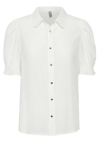 Blusa bianca a maniche corte con colletto, dotata di chiusura con bottoni sul davanti e dettagli testurizzati lungo la patta e i polsini.