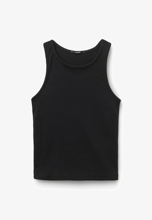 Zwarte geribbelde tanktop met een ronde halslijn en zonder mouwen. Heeft een aansluitende pasvorm en een gladde, elastische textuur.