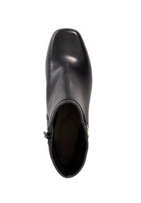 Black leather ankle boot with a square toe, smooth texture, side zip closure, and gold hardware accent on the zipper pull.