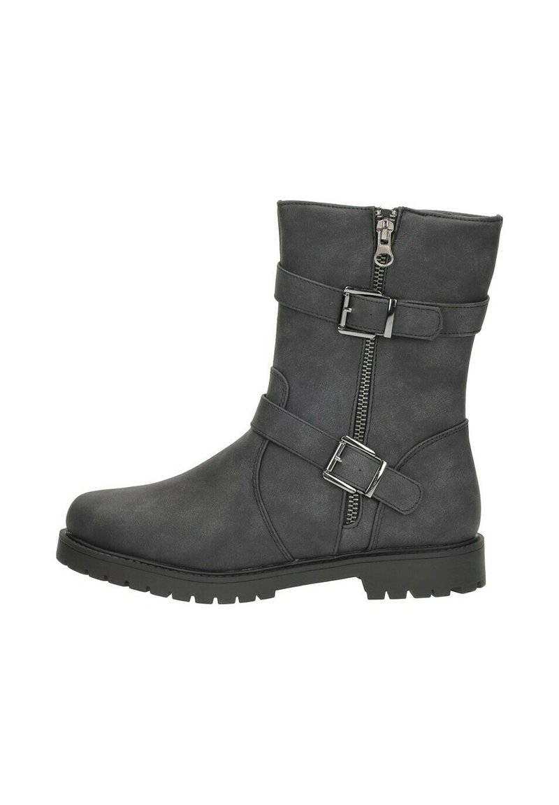 Gray ankle boots made of faux leather, featuring a side zipper, two straps with metal buckles, and a textured finish on the upper.