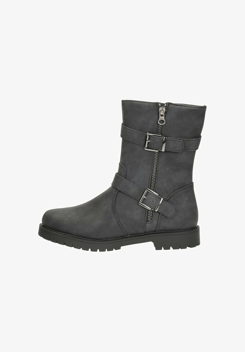 Grijze enkellaarzen van faux leer, met een rits aan de zijkant, twee banden met metalen gespen en een gerecycled oppervlak op de bovenkant.