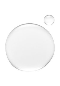 Klar gel eller væskedråper på en hvit bakgrunn; en større sirkulær form og en mindre dråpe, begge skinnende og gjennomskinnelige.