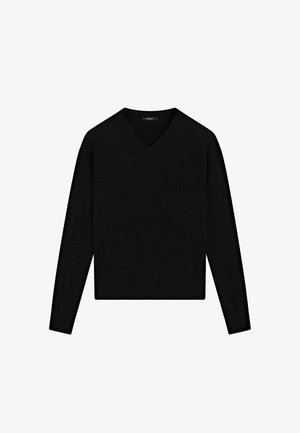 Pull noir à col en V en tissu doux, doté de manches longues et d'une silhouette ajustée. Texture lisse sans motifs ni accents visibles.