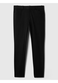 Pantalon slim noir avec poches avant et passants pour ceinture, présenté à plat sur un fond gris clair.