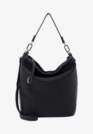 Mustassa nahkakäsilaukussa on tekstuuripinta, säädettävä hihna, vetoketjusuljenta ja pehmeä, rento muotoilu. Koristeena hopeiset yksityiskohdat.