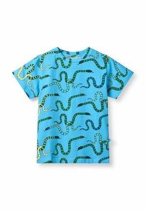 Blue short-sleeve t-shirt covered with a pattern of green and yellow striped snakes facing various directions.
